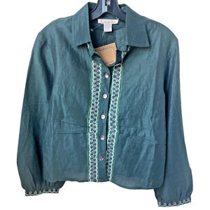 Folk Linen Blend Blouse S Green Embroidered Button Top Boho Cottagecore Romantic